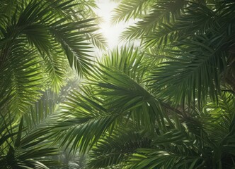 Vibrant green palm leaves, sunlight dappled, lush texture , leaf, color