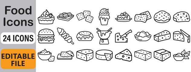 Collection of minimalist food icons featuring cheese cakes burgers fondue and other edible delights