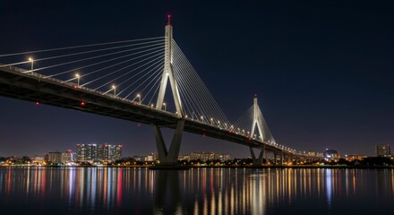 Naklejka premium Modern cable-stayed bridge at night, illuminated by city lights