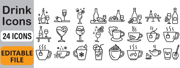 Collection of elegant drink icons depicting various beverages and cocktails design elements