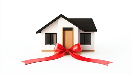 New modern house model with red bow gift real estate property home 3d roof door sale white black