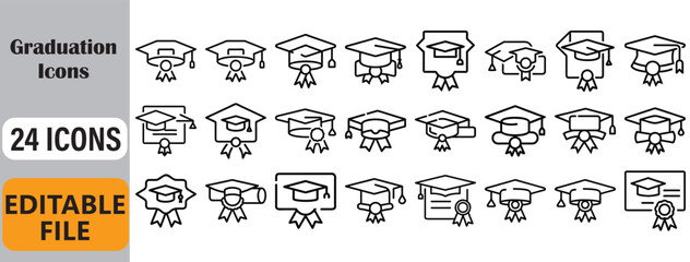 Collection of outline style graduation icons representing education success and achievement