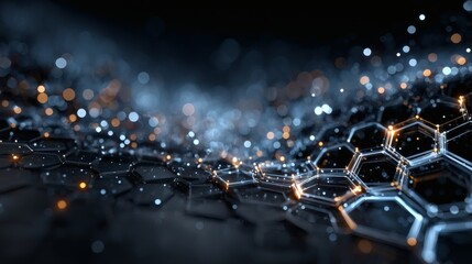 Advanced digital blueprint scene with bright tech lines and patterned hexagons hovering above a gradient base 