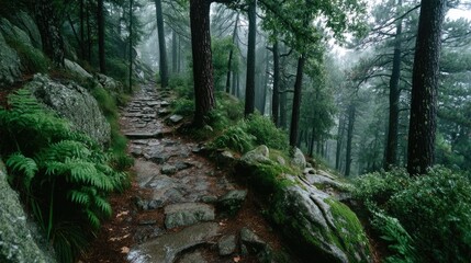 Fototapeta premium Foggy mountain trail amidst tranquil pine forest scenic and mysterious nature escape
