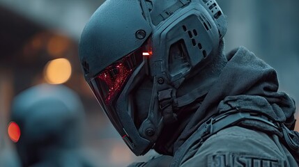 Fototapeta premium Cyberpunk warrior with glowing eyes in dark alley futuristic urban setting sci-fi art