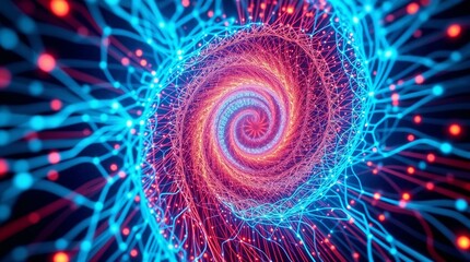 Abstract digital spiral pattern with glowing blue and red lines  