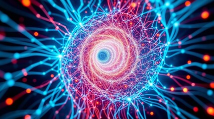 Abstract colorful network structure with swirling lights and lines  