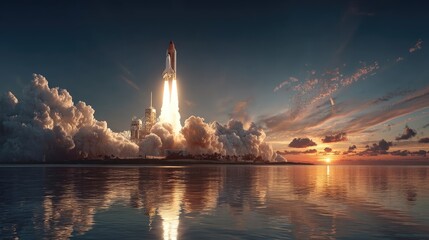 Fototapeta premium Spacecraft launch over ocean horizon stunning scene evening light steam and clouds inspirational moment
