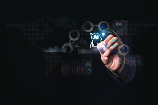 A hand touching a futuristic AI hologram interface with data graphs and global connectivity, symbolizing artificial intelligence.