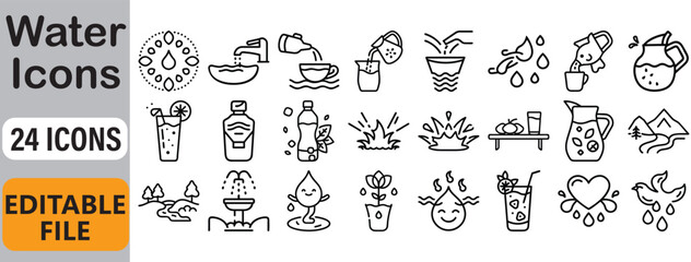 Collection of twenty four water related icons illustrating purity and essentiality in outline style