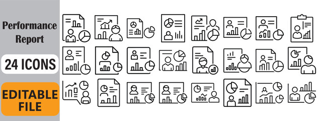Collection of twenty four business performance report icons in modern minimalist linear style