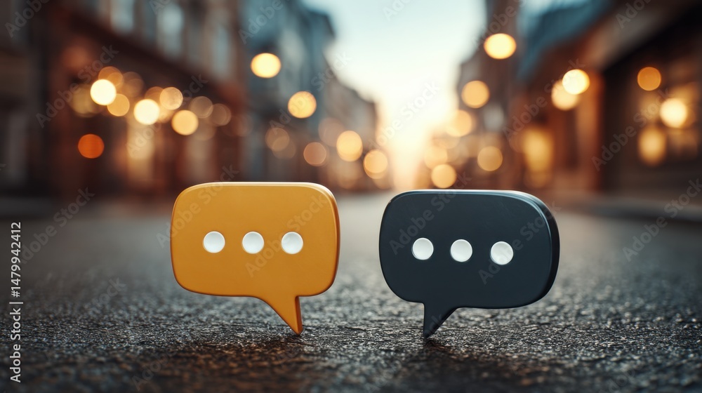 Poster two chat icons representing communication and mutual understanding in conversations and collaborativ