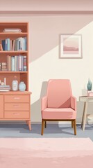 Interior Illustration of Living Room with Pink Armchair and Bookcase in Soft Light Style