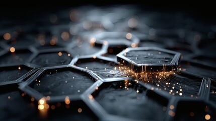 Smooth dark blue background with pulsating circuits and symmetrical hexagons creating a futuristic interface feel 