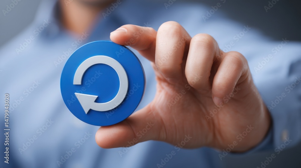Poster a person holding a blue circle with a white circle in the middle signifying the process of convertin