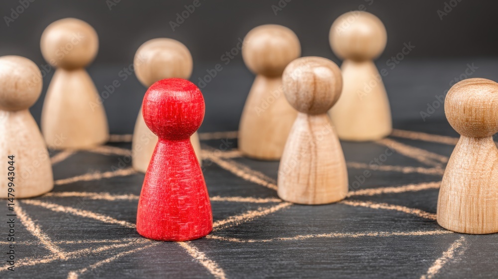 Poster a group of wooden figures standing together representing the concept of creating alignment and share