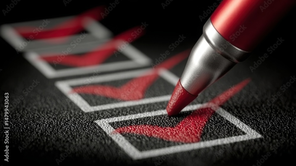 Poster a red pen marking a check mark on a black background illustrating the creation of a checklist for vi