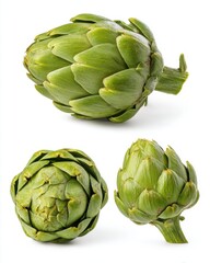 Fototapeta premium Three fresh green artichokes arranged on a white background studio shot close up food photography healthy eating concept