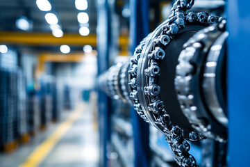 Industrial machinery detail close up view of complex metal components in a factory setting showcasing intricate engineering and precision manufacturing
