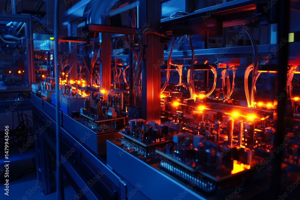 Poster illuminated circuit boards on an automated assembly line glowing red and blue in a factory at night