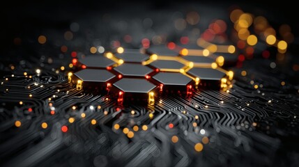 Precision tech interface with electric circuit paths and digital hex elements floating within a dark gradient 