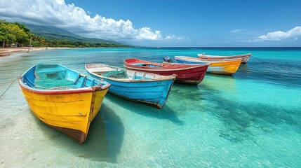 Colorful fishing boats on a tropical beach