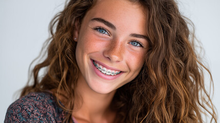 Close-up portrait of a smiling young woman with braces against white background