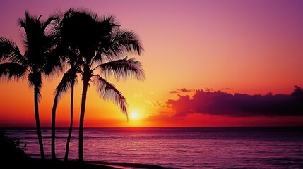 Vibrant sunset over ocean, silhouetted palm trees on beach
