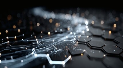 Minimalistic technology backdrop with flowing blue electric circuit paths and soft-focus hexagon overlays 