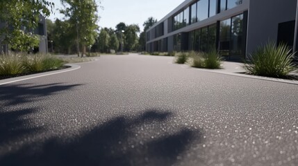 Naklejka premium Sunlit asphalt path leading to modern office buildings, surrounded by landscaping