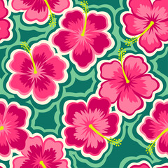 Pink hibiscus flower seamless pattern design for summer holidays background.
