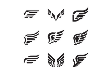 Black and white vector set illustration of eagle wings silhouette design