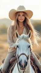 Obraz premium Woman on a horse, golden hour, country style