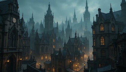 Fototapeta premium A gothic cityscape shrouded in mist, evoking a sense of mystery and foreboding atmosphere.