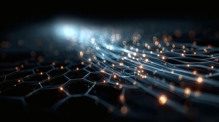 High-resolution abstract tech background with glowing circuitry and hex patterns flowing through blue gradients 