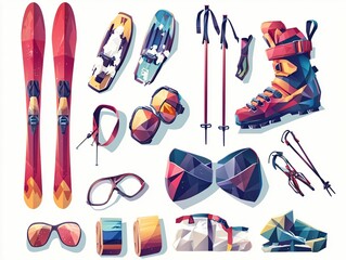 Colorful Skiing Equipment Collection for Winter Sports Enthusiasts