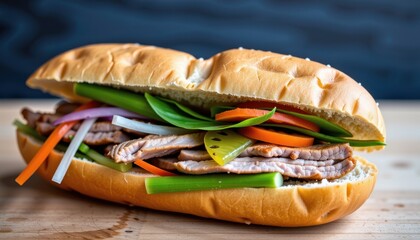 a sandwich with meat, vegetables, and bread is displayed prominently against a blurred background