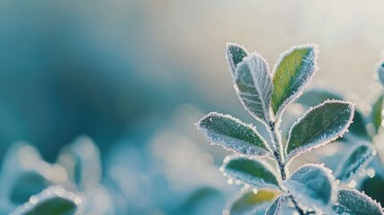 Frosty leaves of a plant on a cold morning.