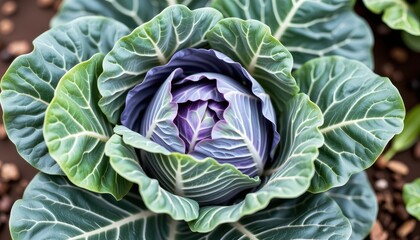 Obraz premium a vibrant cabbage plant in full bloom with purple and green leaves, situated in a garden setting.