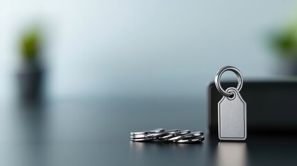Close-up of a metallic keychain with a blank tag standing upright beside scattered coins on a smooth reflective surface with blurred green plants in the background