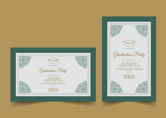 Elegant invitation design for a graduation party, featuring a classic color palette, decorative elements