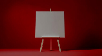 Empty white canvas on wooden easel displayed against red background in studio