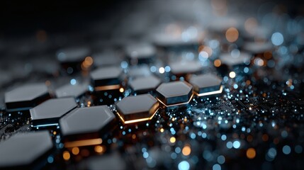 Digital blue gradient surface with illuminated circuits and hexagons appearing to hover in a seamless design 