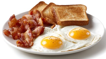 A delicious breakfast of fried eggs, bacon, and toast.