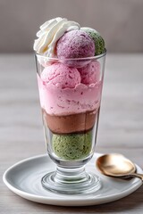 Enjoy a matcha parfait with mochi, red beans, and whipped cream in a chic dessert shop with soft neon lights