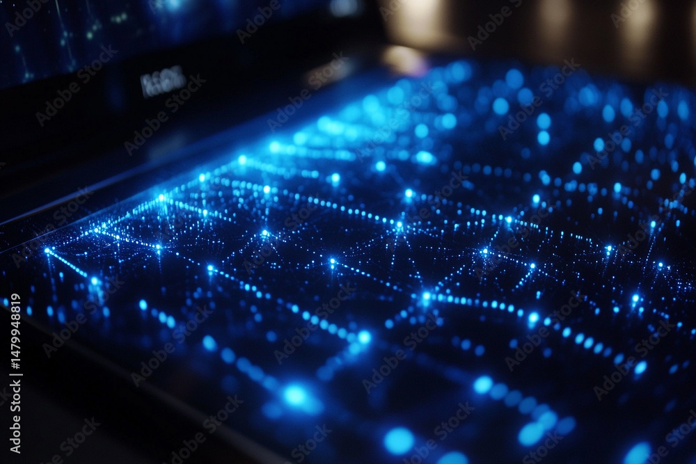 Poster glowing blue data streams across a laptop screen digital network visualization technology