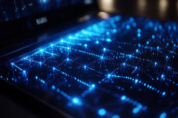Fototapeta premium Glowing blue data streams across a laptop screen digital network visualization technology