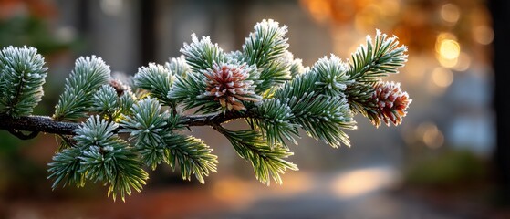 Frosted fir branch with cones glows softly