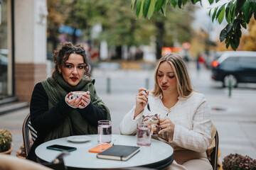 Two women are seated at an outdoor cafe enjoying warm beverages and pleasant conversation amidst a casual urban environment on a cool day.