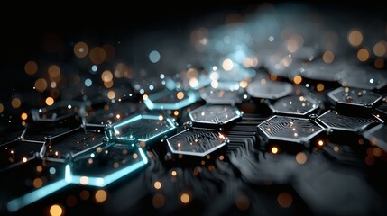 Circuitry highlighted in luminous cyan with floating blue hex shapes over a seamless deep tech-style gradient 